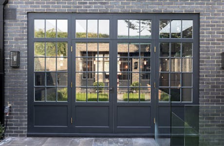 French Georgian Style Bespoke Hardwood Patio Doors Painted Black Triple Casement Window Sulivan Road Fulham London